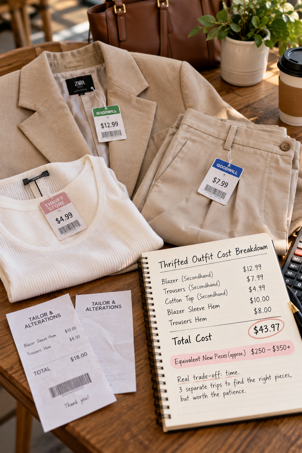 Secondhand clothing items with price tags showing the cost breakdown of a thrifted outfit