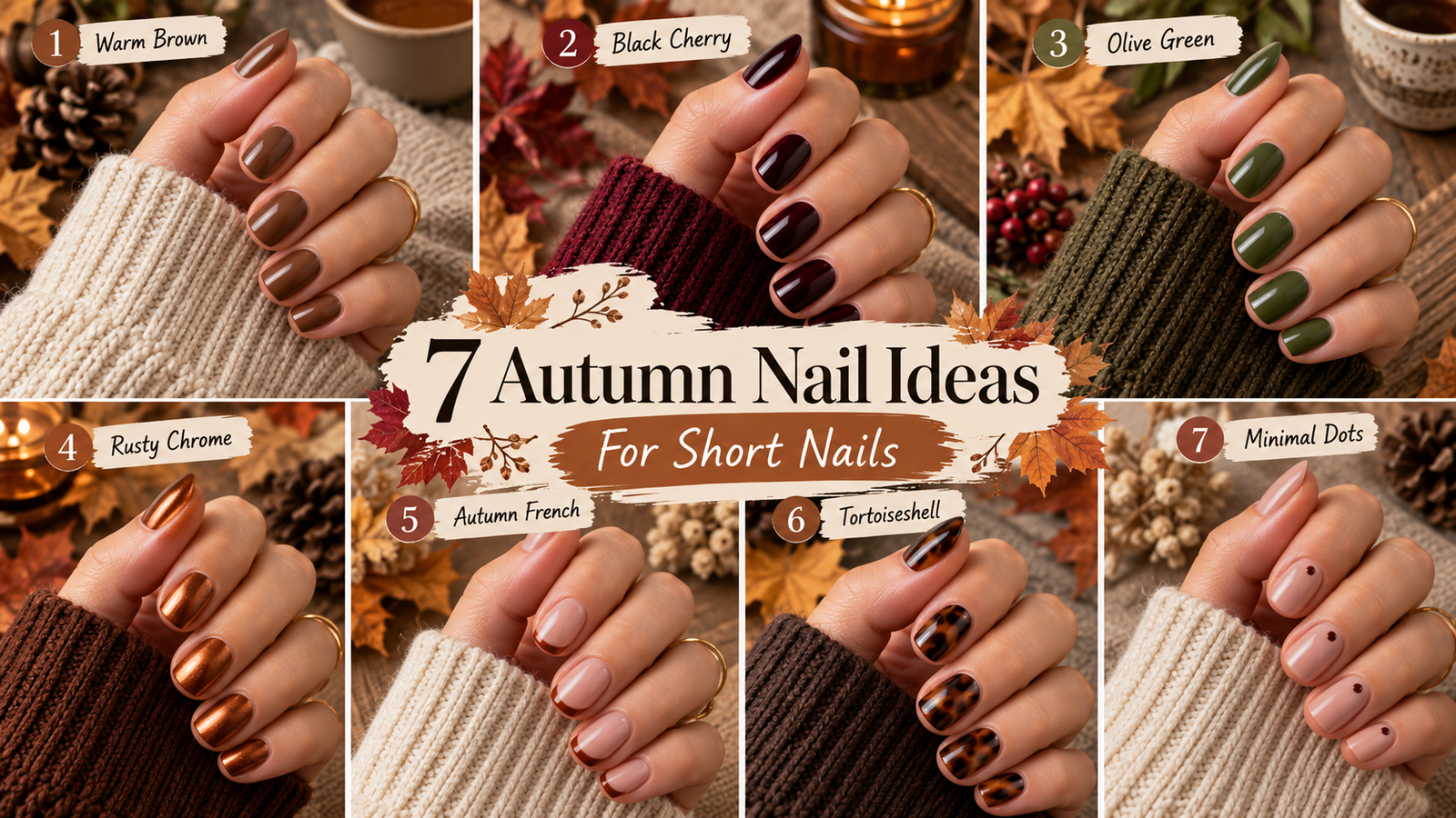 Seven autumn manicures on short nails, brown, black cherry, olive, rusty chrome, French tips, tortoiseshell and dots, in a collage