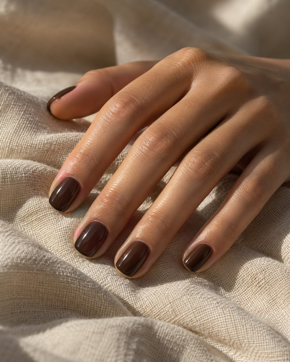 Short nails painted in glossy chocolate brown polish, hand resting on a linen surface