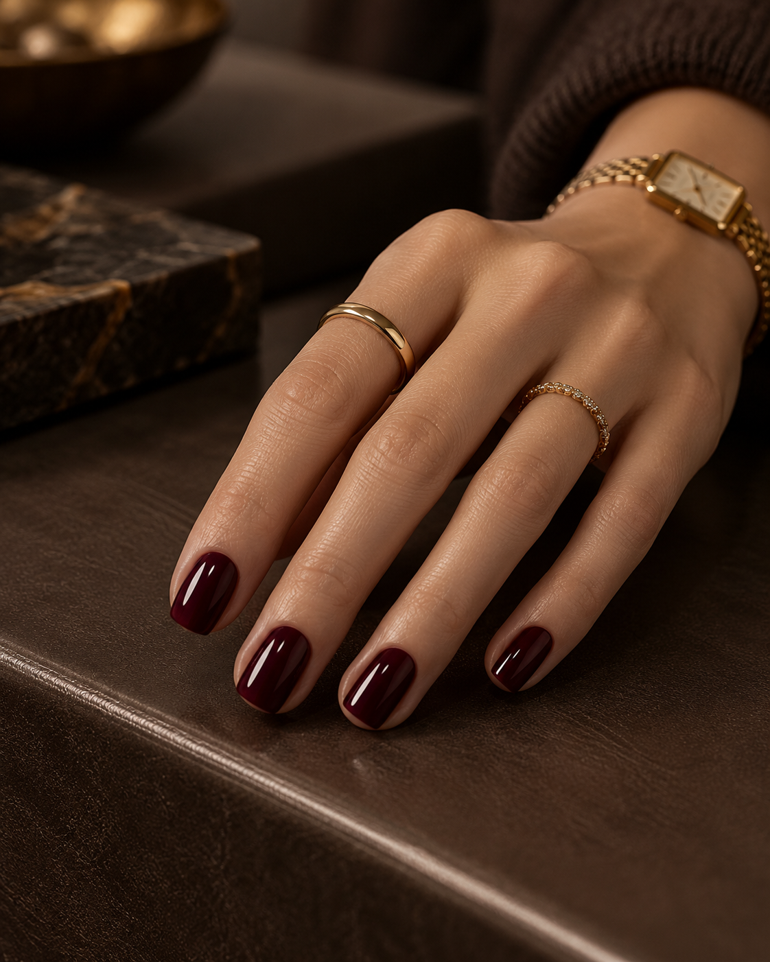  Short nails painted in deep black cherry burgundy polish, close up 