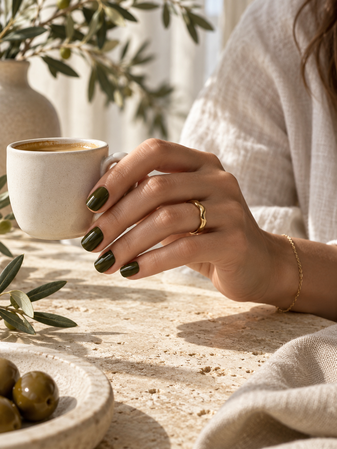 Short nails in a deep olive green polish photographed in daylight