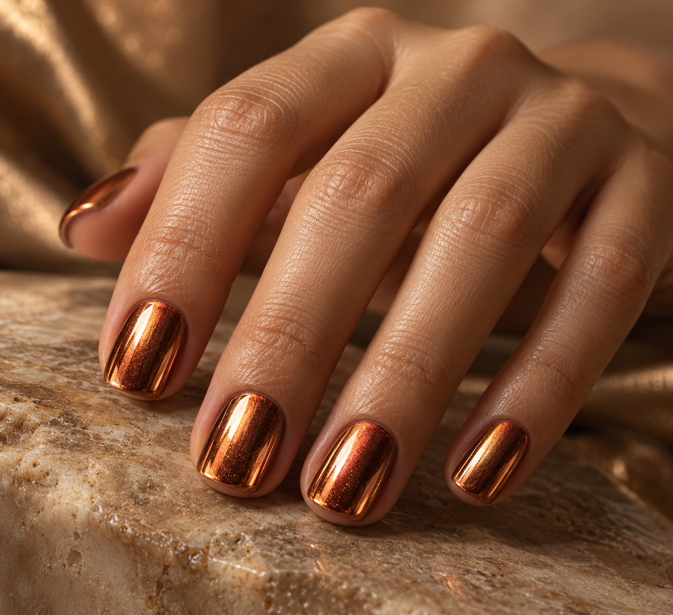 Short nails with a rusty copper chrome finish reflecting light