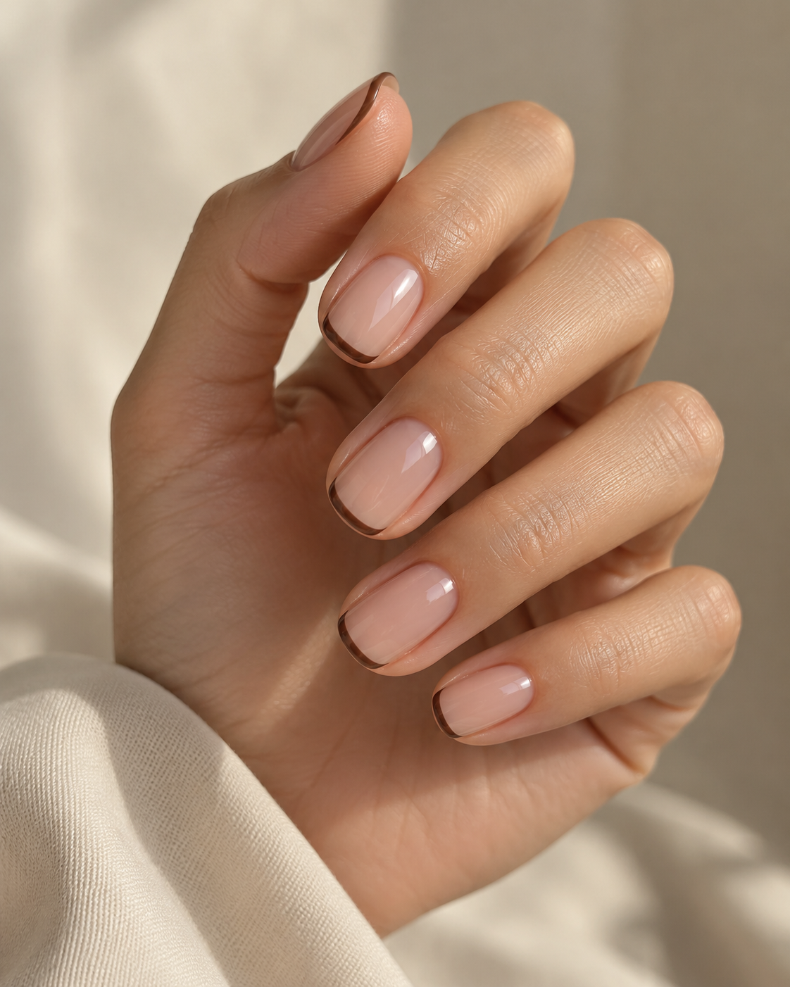Short nails with thin brown French tips on a sheer pink base