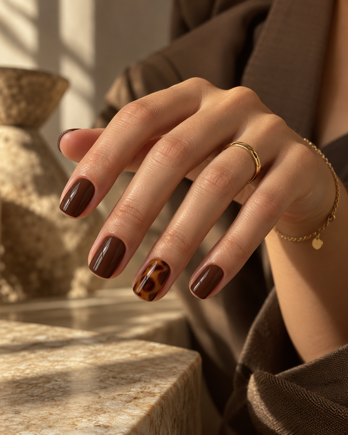 Short nails in plain brown with one tortoiseshell pattern accent nail