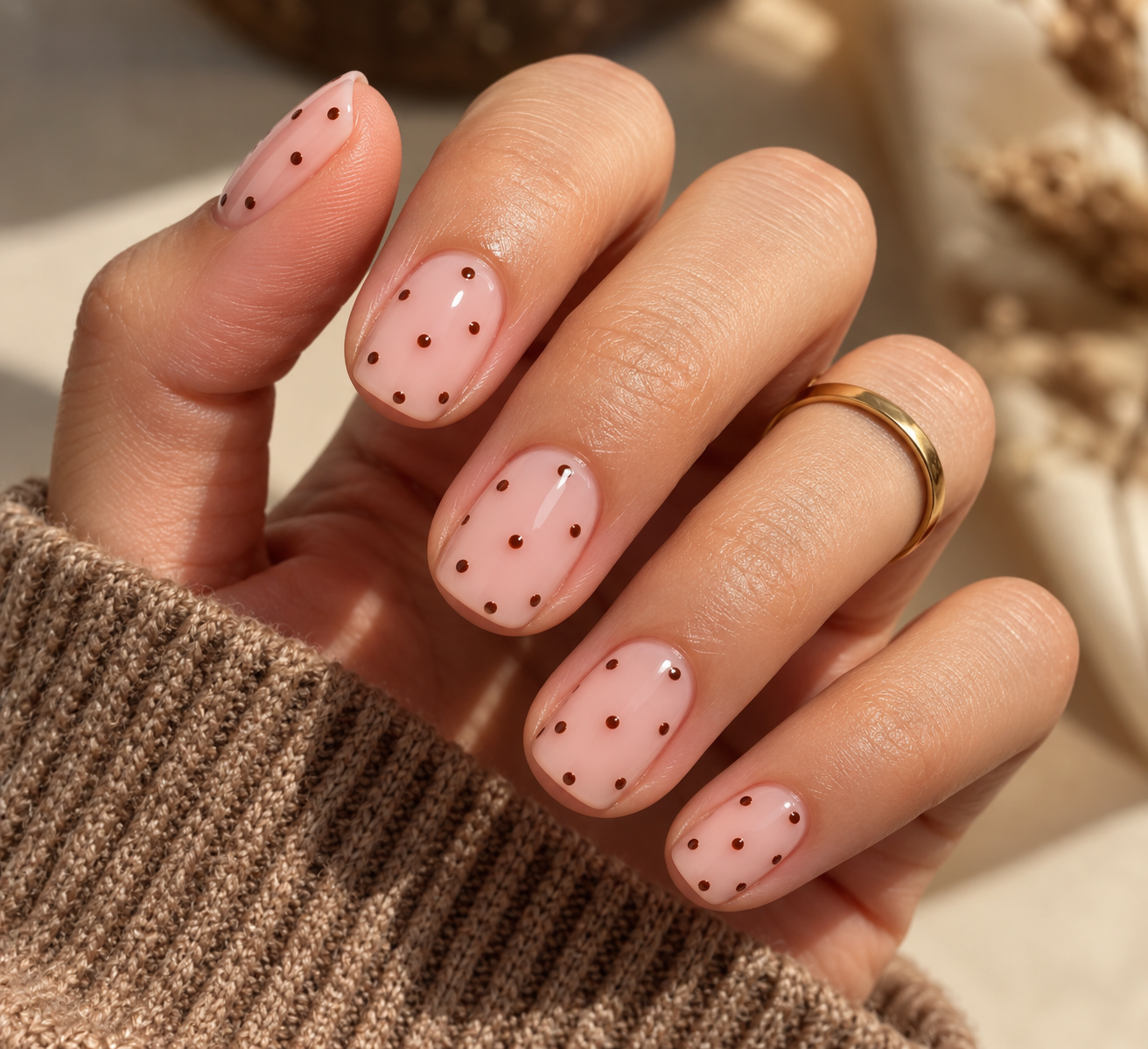 Short nails with small brown dots scattered over a milky pink base