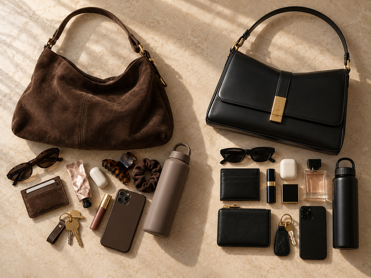 Everyday bag contents laid out in two groups, one for the slouchy bag and one for the structured bag