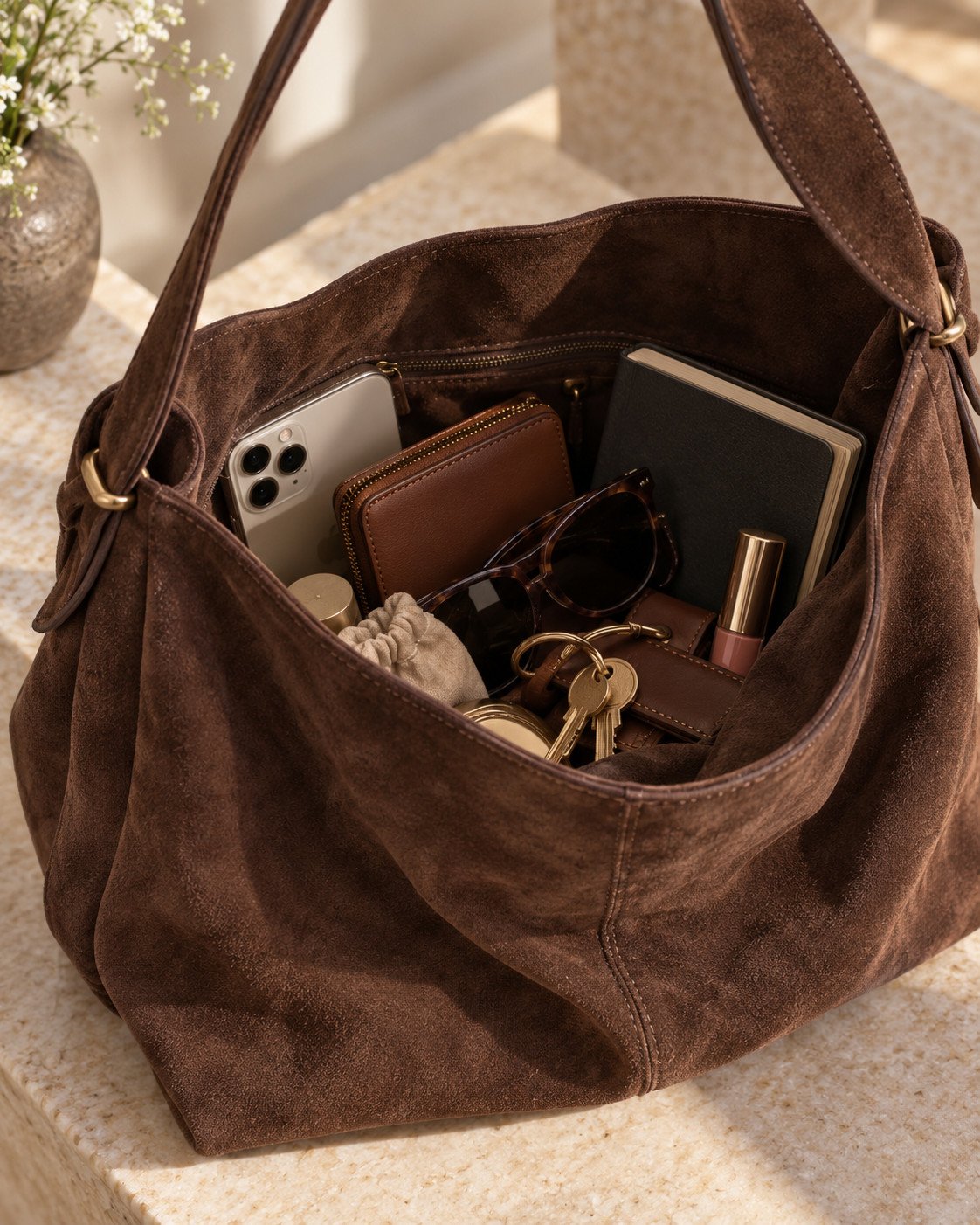 Close detail of a slouchy suede bag with an open top showing the contents inside