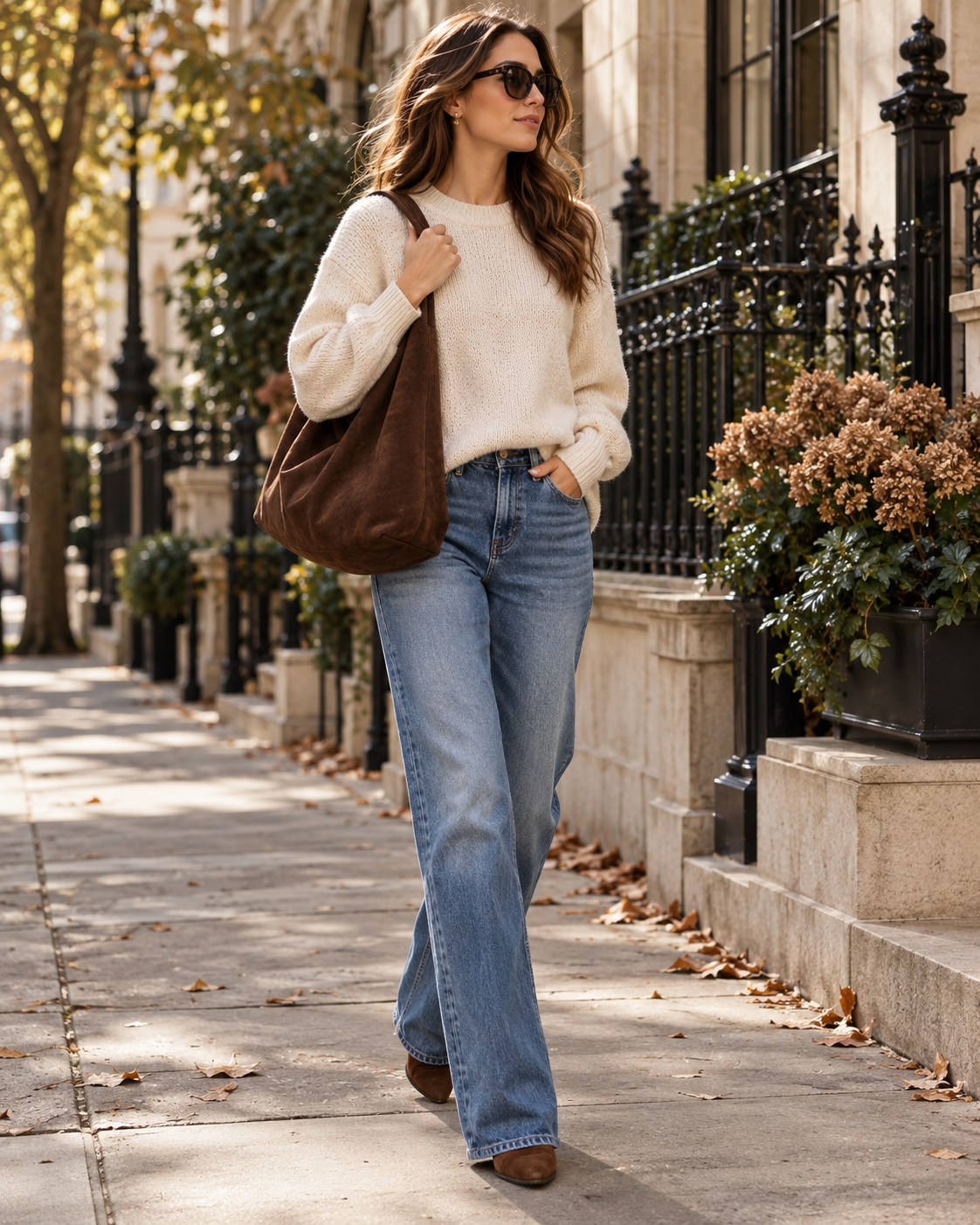 Slouchy chocolate brown suede bag worn with jeans and a cream knit sweater, full length