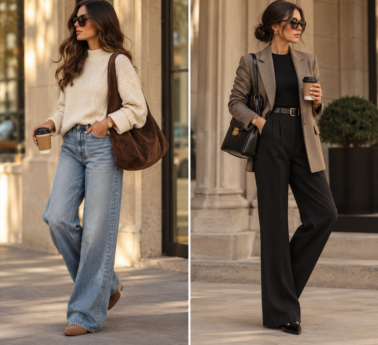 Black structured leather shoulder bag worn with a blazer and trousers, full length work outfit