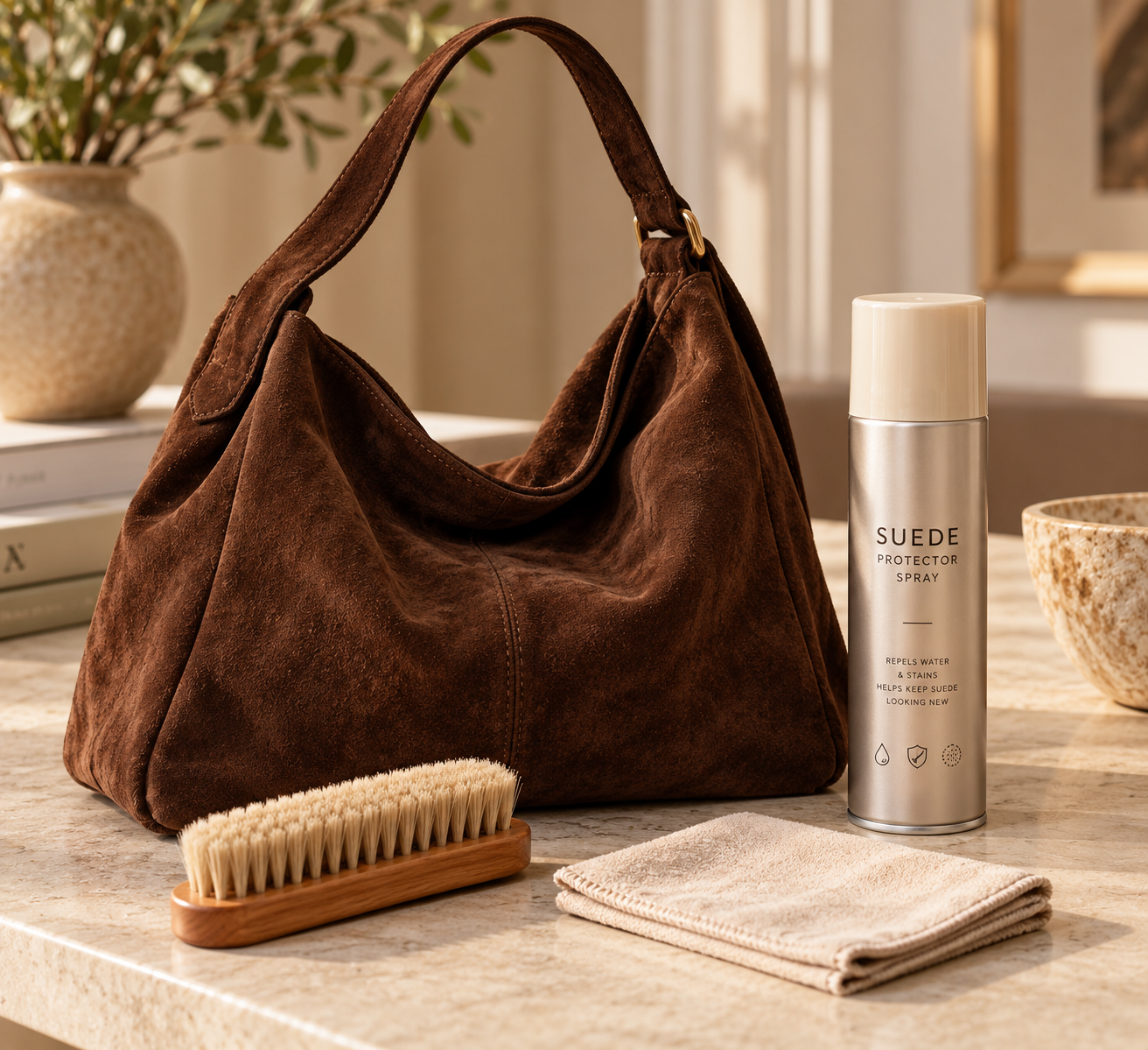 A suede bag with a soft brush and protector spray placed beside it
