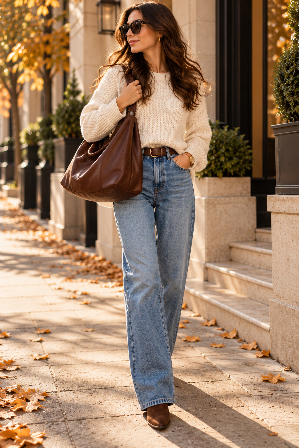 Final outfit with a chocolate brown shoulder bag, knit sweater and straight leg jeans, full length
