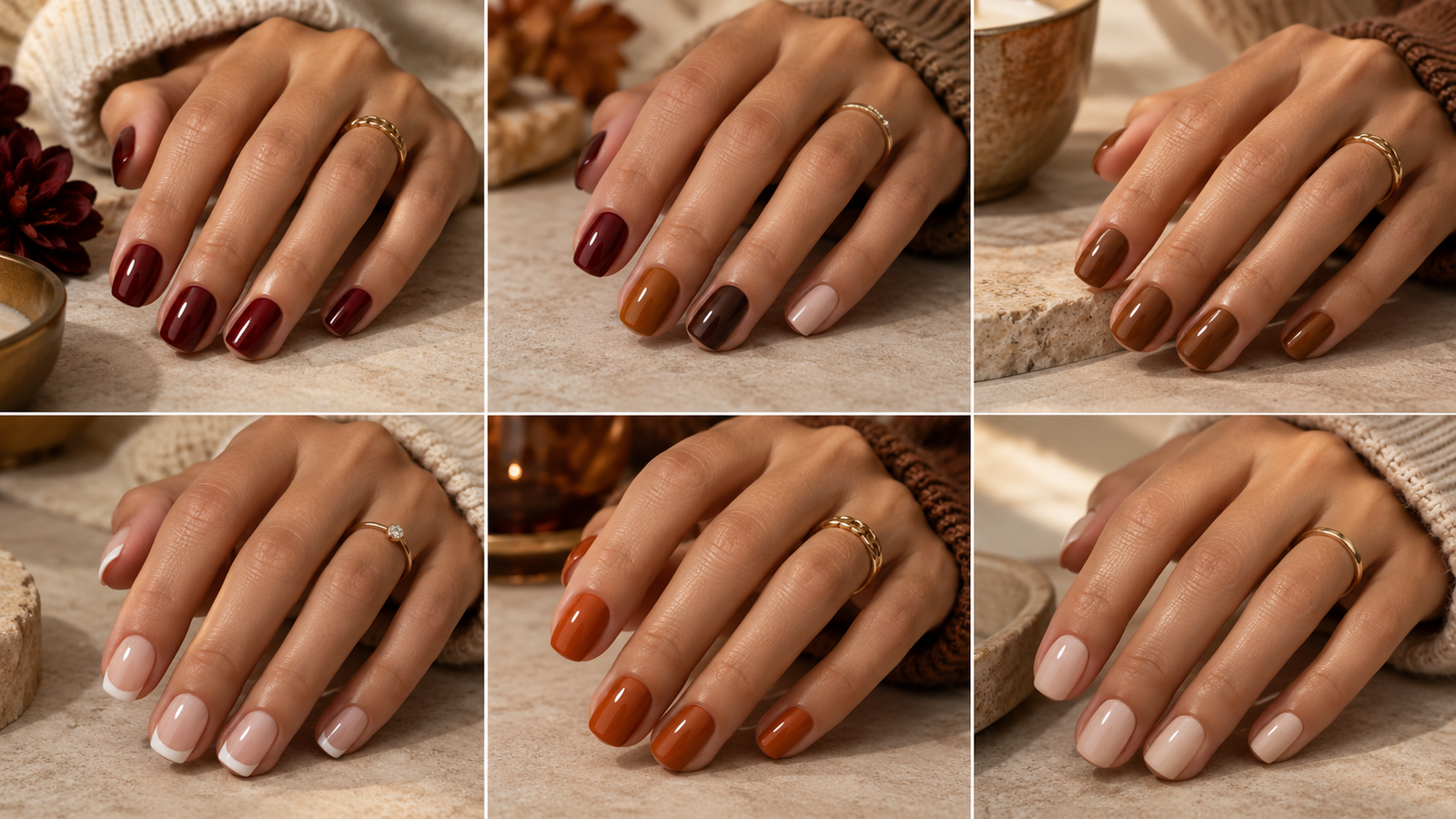 Six November manicures on short nails, cranberry, skittle mix, caramel, French tips, burnt orange and milky nude, in a collage