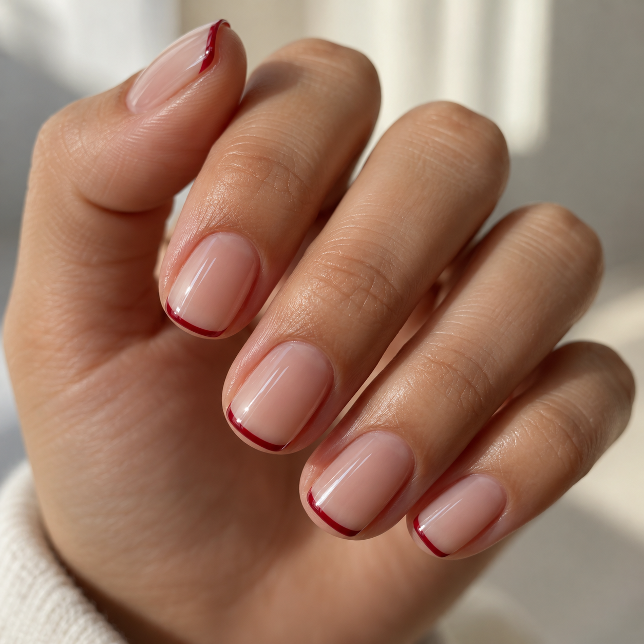 Short nails with a sheer nude base and thin cranberry French tips