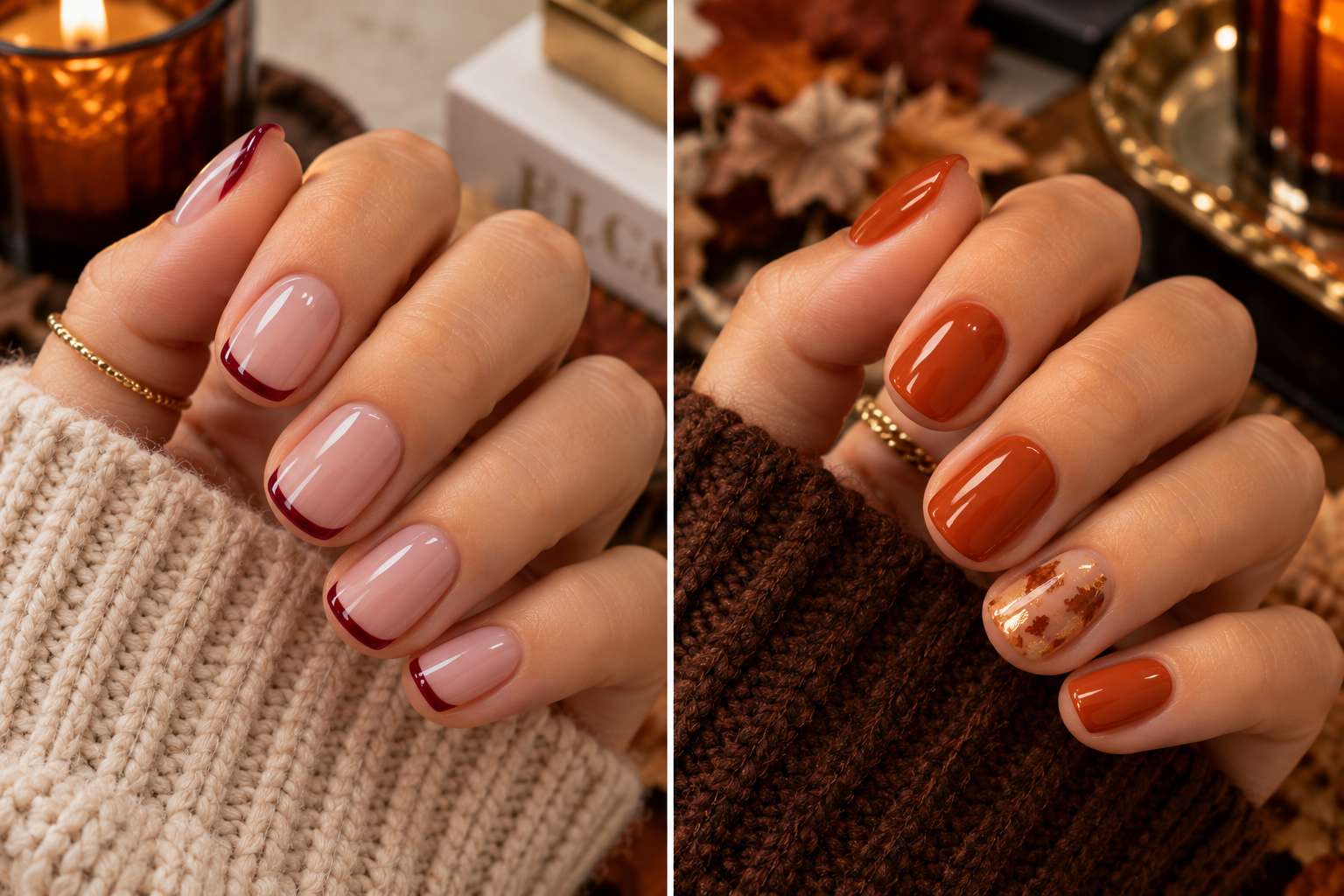 Short nails in burnt orange with one gold foil accent nail on the ring finger