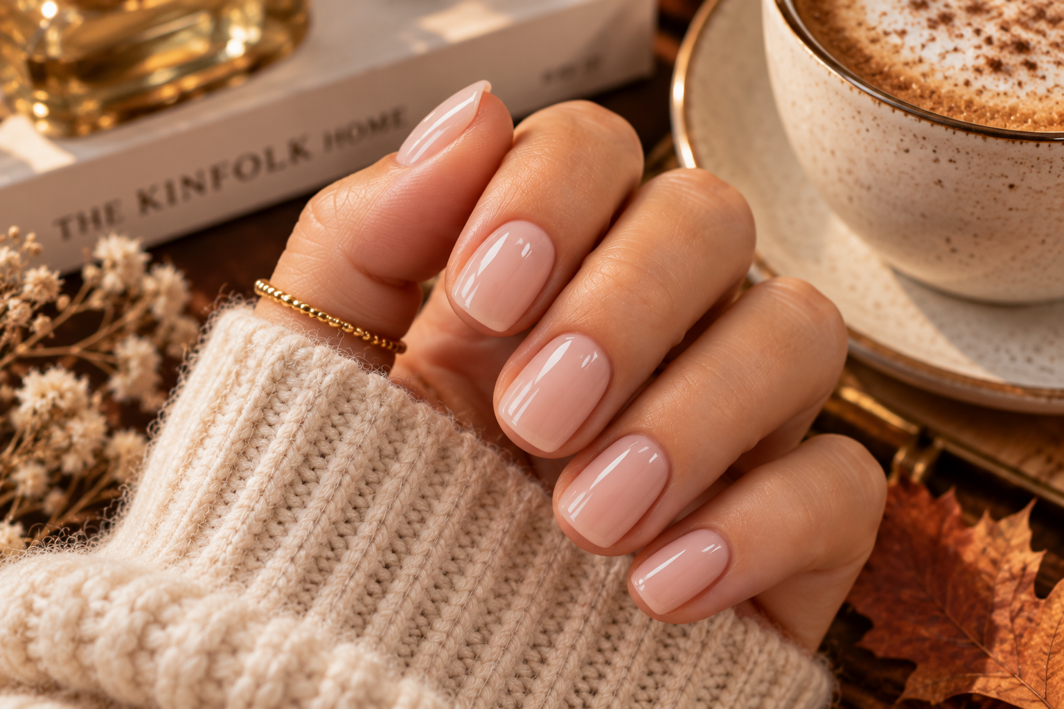 Short squoval nails in a sheer milky pink nude polish