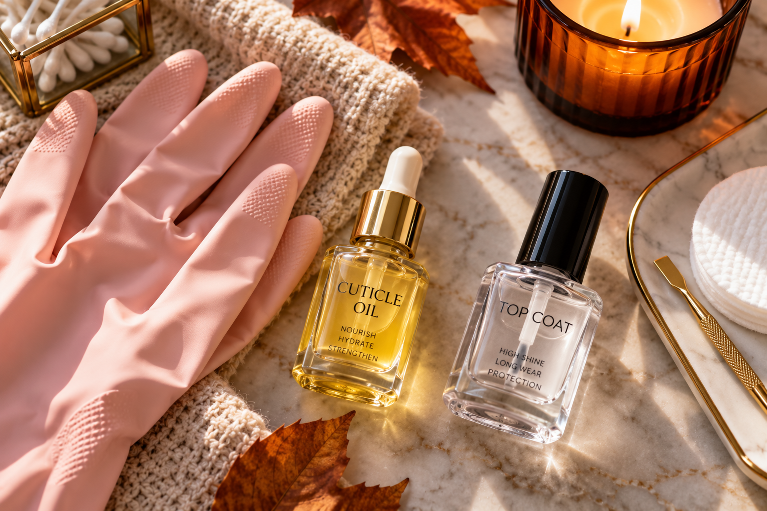 Rubber gloves, cuticle oil and a bottle of top coat laid out for holiday manicure care