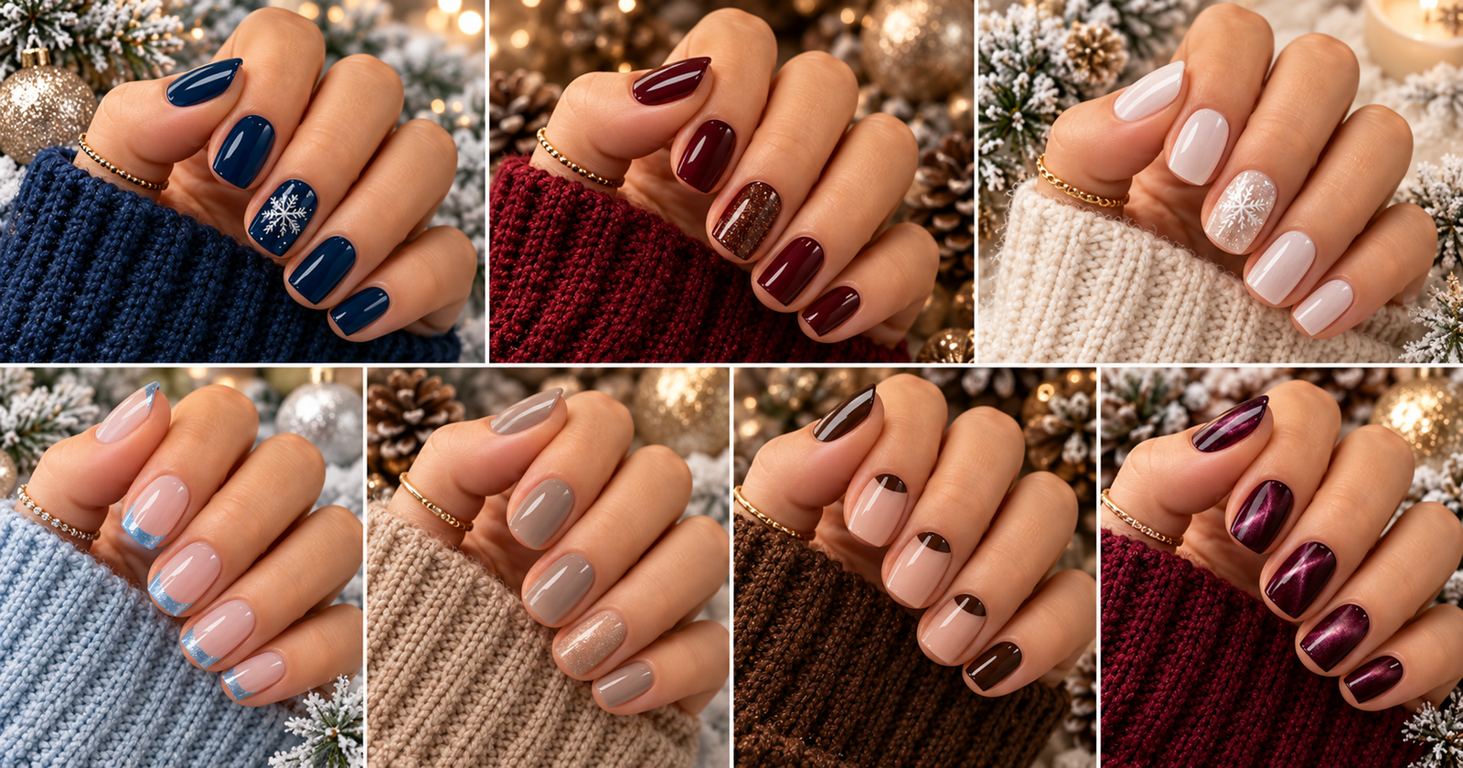 Seven winter manicures on short nails, navy, cherry mocha, frosted white, icy blue tips, greige, cocoa half moons and a velvet cat eye, in a collage