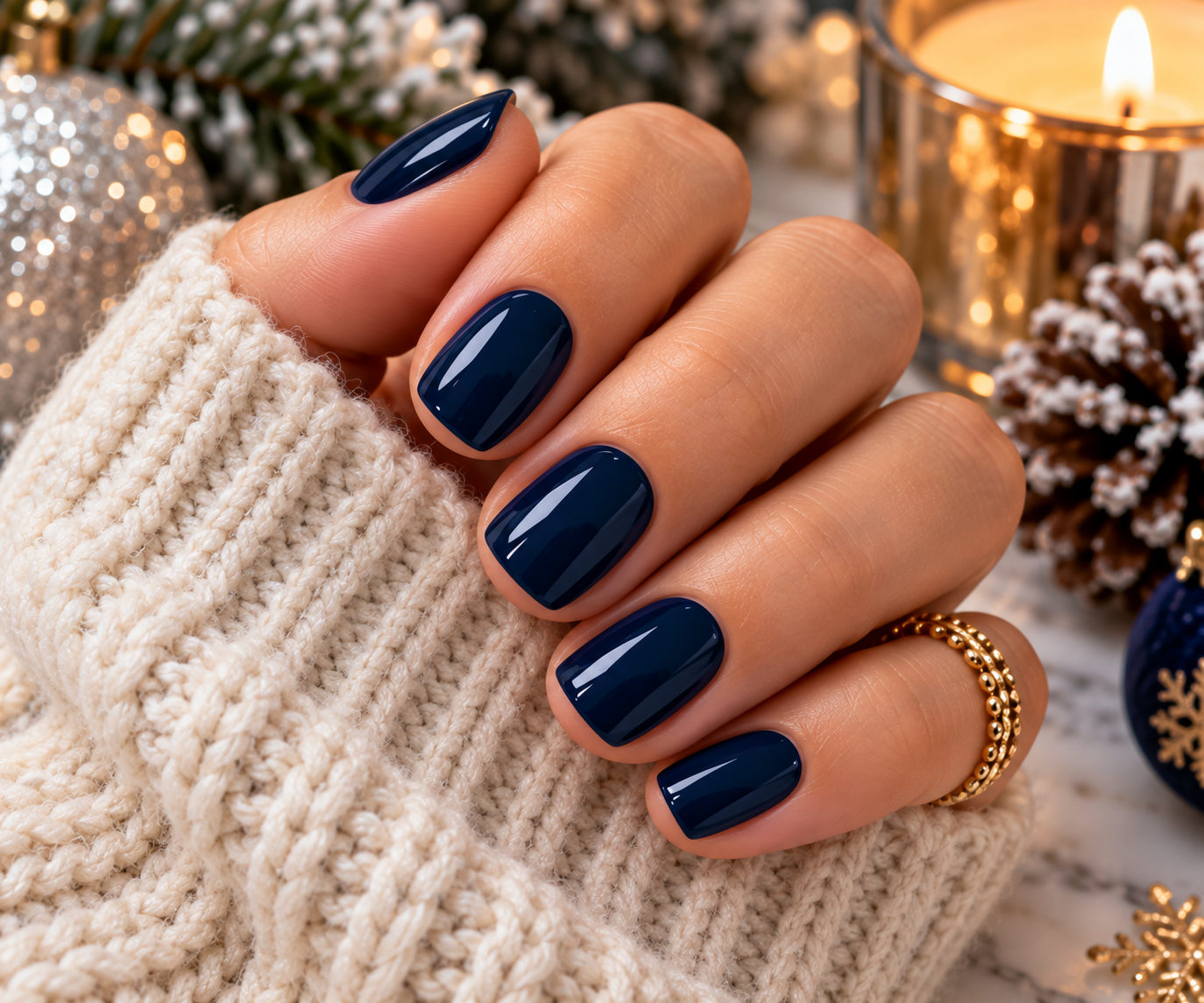 nails painted in glossy midnight navy polish resting on a cream knit sweater