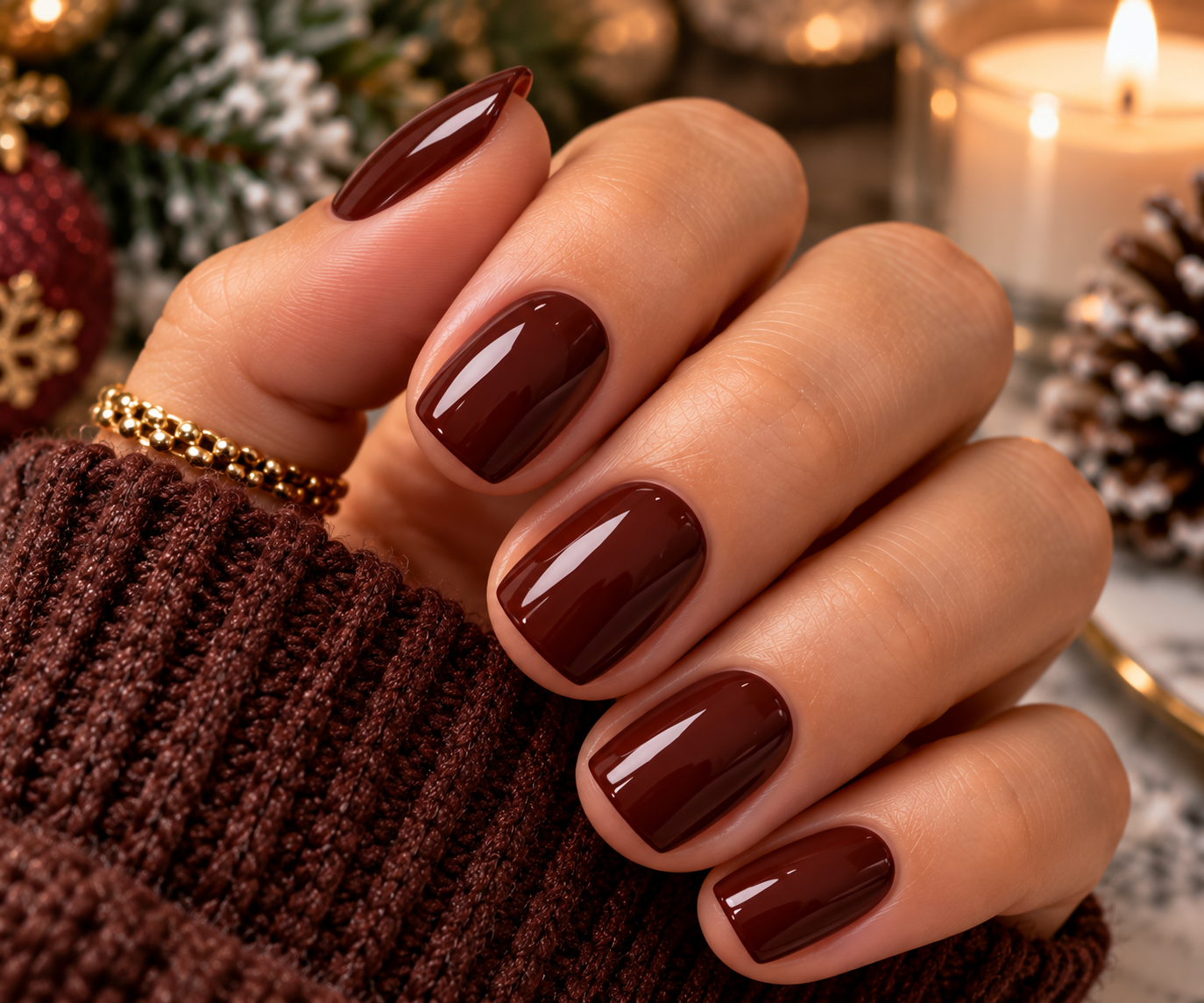 Short nails in a glossy cherry mocha dark red brown polish