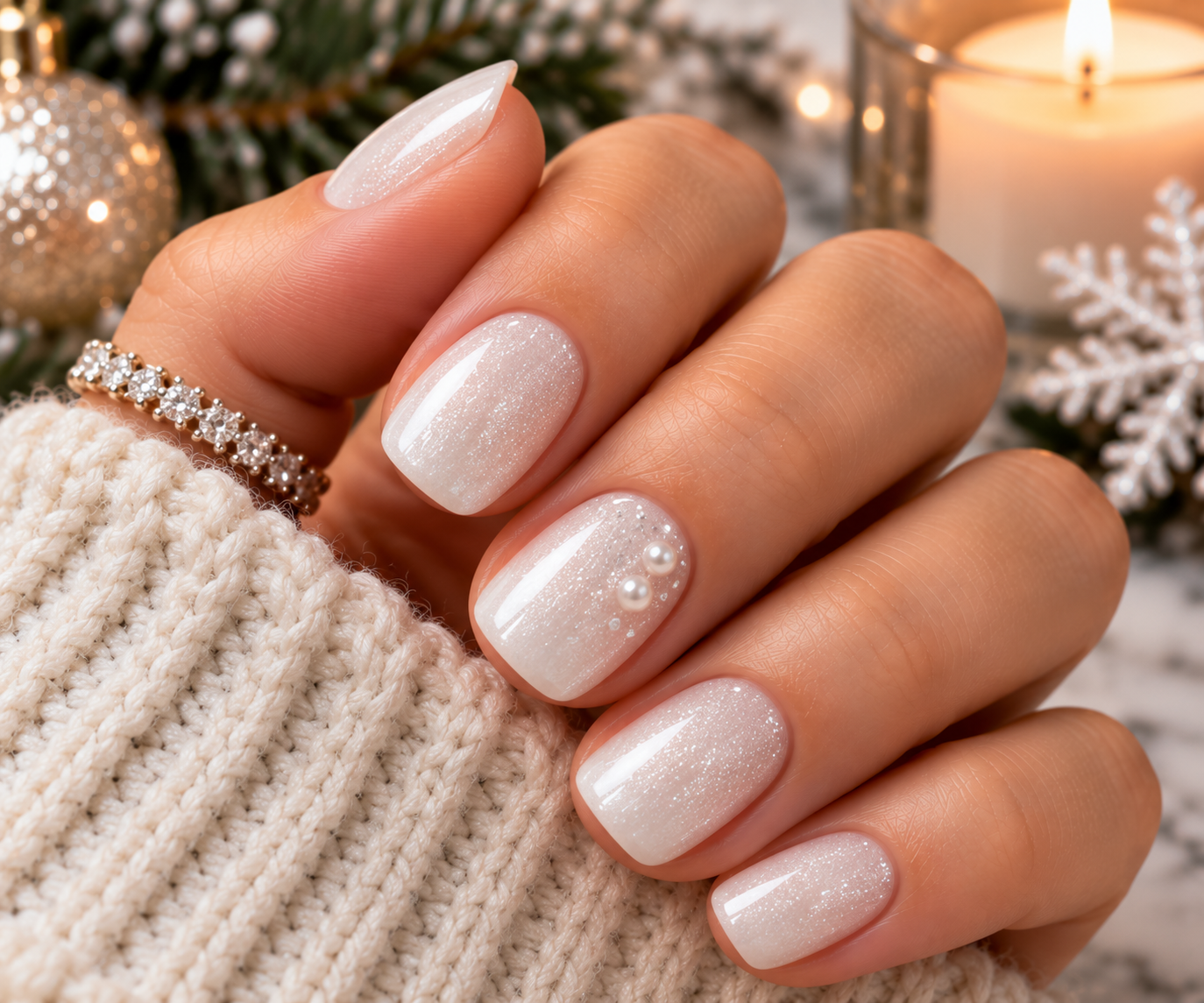 Short nails in sheer frosted milky white with a few tiny pearls on one nail