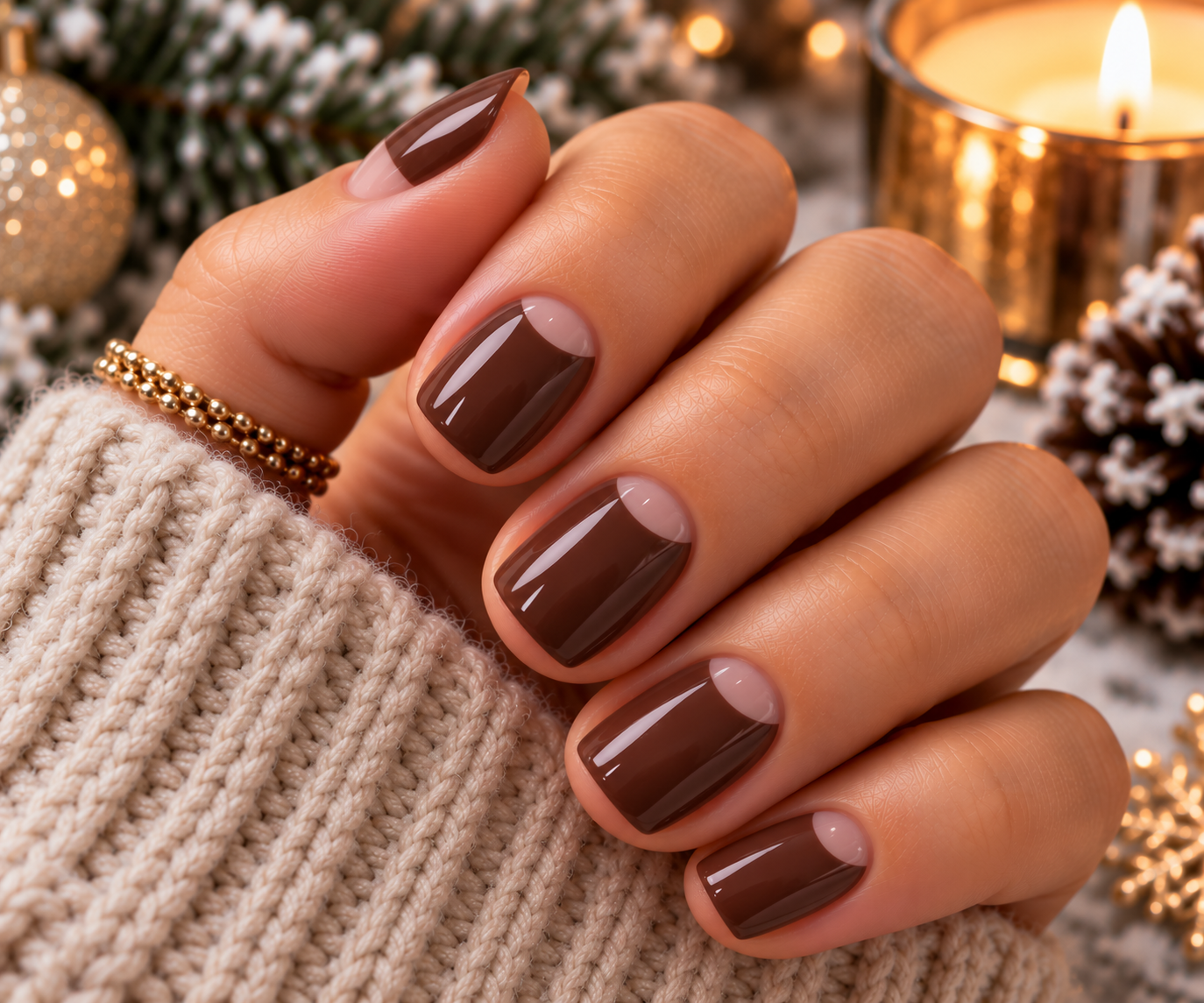 Short nails in cocoa brown with a small bare half moon at the cuticle