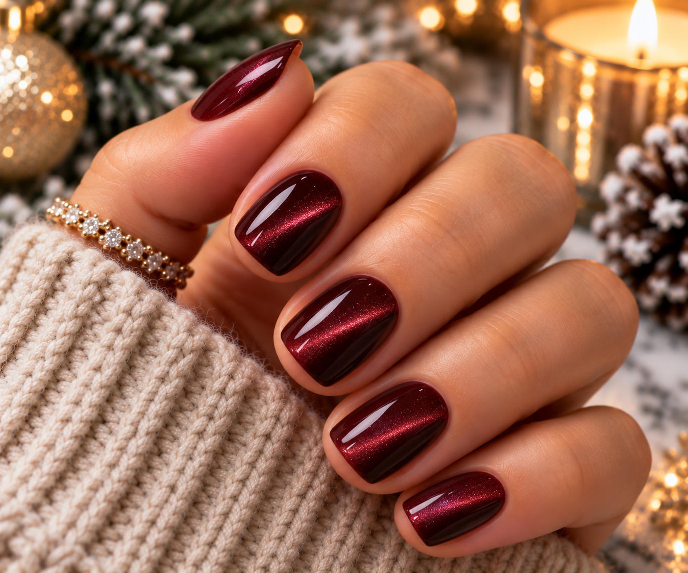 Short nails in a deep burgundy velvet cat eye magnetic polish showing a soft line of shine