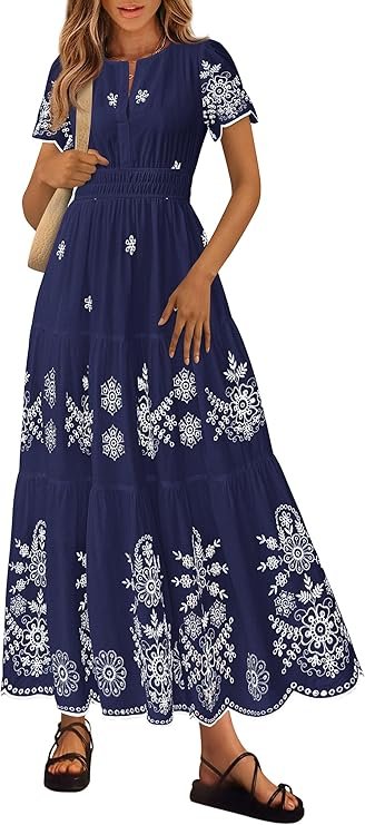 PRETTYGARDEN Summer Dresses for Women 2026 Floral Boho Maxi Spring Casual Short Sleeve V Neck Elastic Waist Dress Pockets