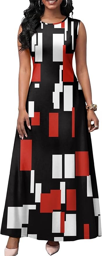 FANDEE Women's Maxi Dress Sleeveless Strap Crew Neck Dress with Pockets Pull‑On Long