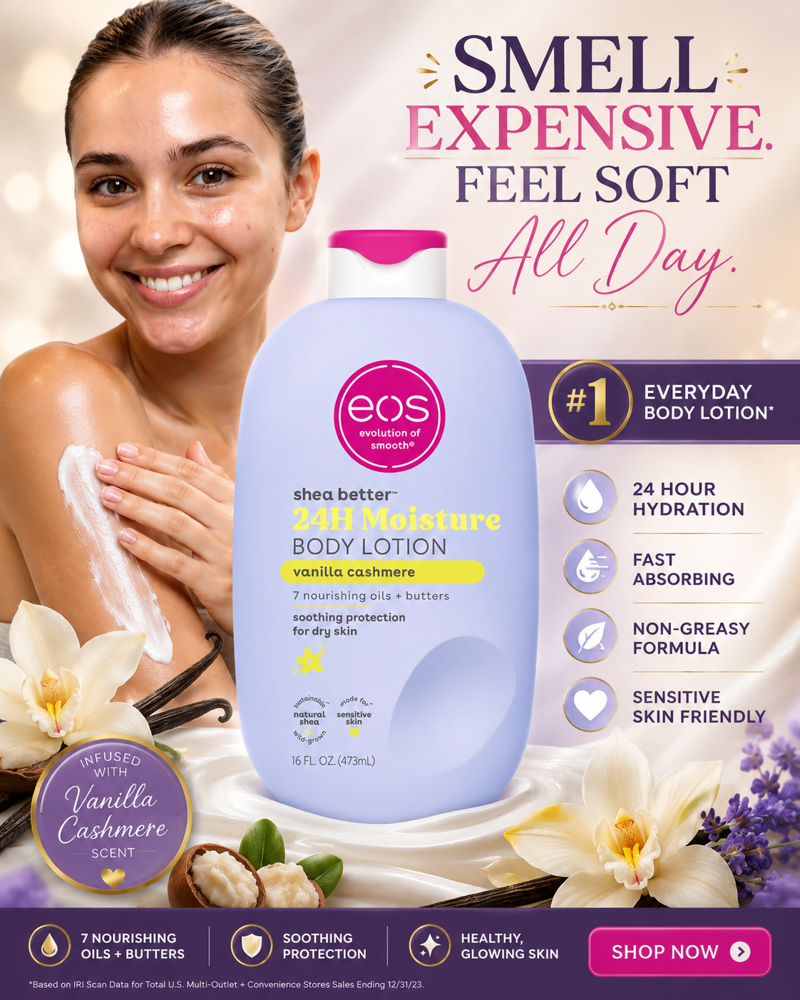 eos Shea Better Body Lotion Vanilla Cashmere, 24-Hour Moisture Skin Care, Lightweight & Non-Greasy, Natural Shea, Vegan, Vanilla Body Lotion, 16 fl oz